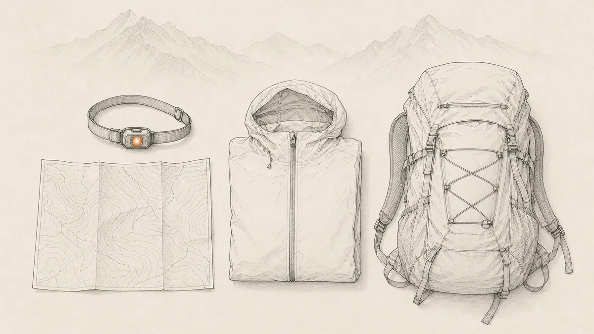 出発前夜に並べた登山道具のフラットレイと稜線